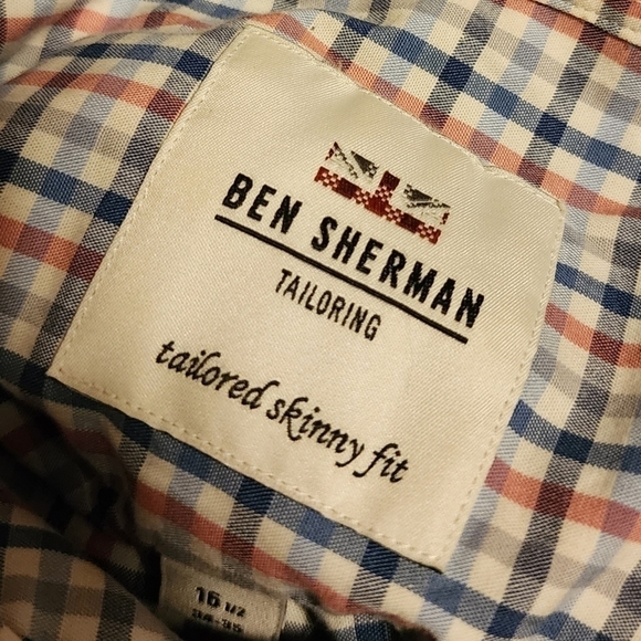 Ben Sherman Tailored Skinny Fit Men's 16.5 34-35 Red Blue Plaid Button Shirt EUC - Picture 5 of 9